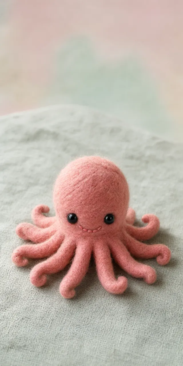Close-up product-style photo of a small handmade needle-felted octopus in soft coral pink wool, sitting on a pale grey-green linen surface, two tiny glossy black bead eyes and a gentle stitched smile,