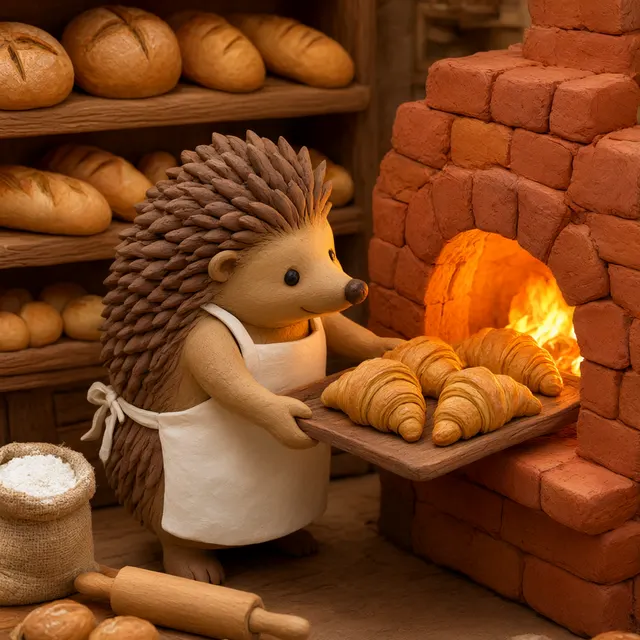 Claymation still of a tiny bakery run by a round-faced hedgehog baker in a white apron, pulling a tray of croissants from a brick oven, shelves of bread behind. Handmade plasticine look with visible f