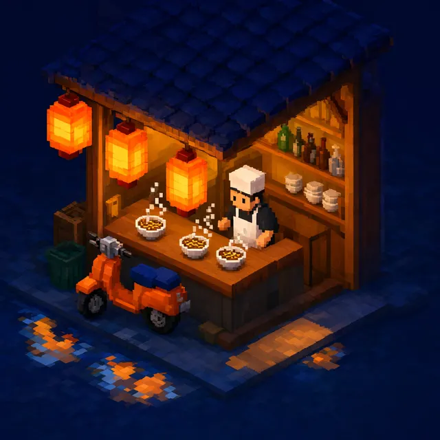 Isometric pixel-art illustration of a cosy tiny ramen shop on a street corner at night, steam rising from bowls, glowing paper lanterns, a scooter parked outside, rain puddles reflecting the warm ligh