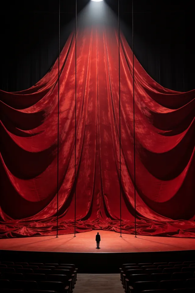 Minimal cinematic still of an empty theatre stage covered by an enormous flowing deep red velvet cloth that pours from above and spreads across the floor in heavy folds, thin dark ropes hanging down i