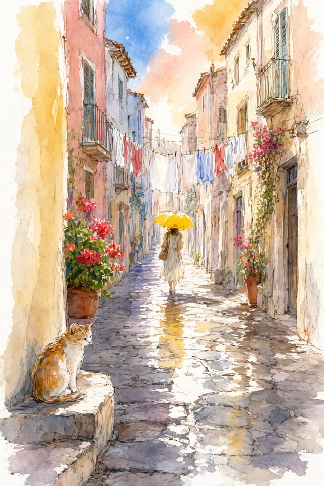 Loose watercolour illustration of a narrow cobbled street in an old Mediterranean town after rain, laundry lines between pastel houses, a cat on a step, a woman with a yellow umbrella in the distance.