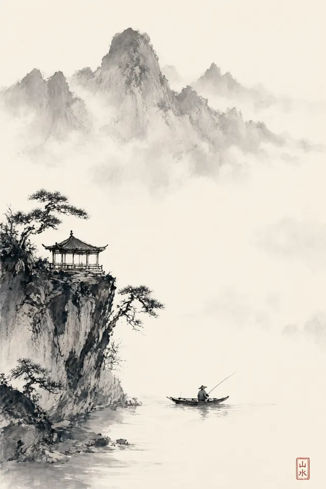 Traditional Chinese ink wash painting of misty mountain peaks rising from clouds, a small pavilion on a cliff, a lone fisherman in a boat on the river below. Soft graded black ink on rice paper, wet b