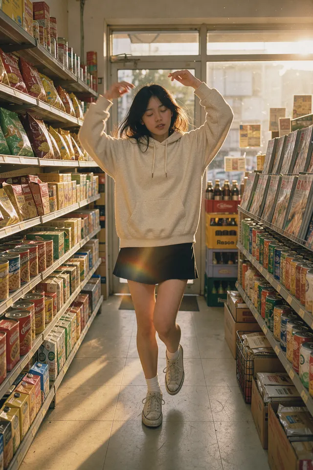 Candid 35mm film photograph of a young woman dancing alone in the aisle of a cluttered corner shop in late afternoon, oversized cream hoodie, short black skirt, worn sneakers, arms raised mid-move, ey