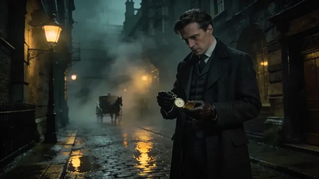 **Cinematic Sherlock Holmes — Victorian London, 1891**

Ultra-realistic cinematic film still from a dark, high-budget Sherlock Holmes mystery thriller. Victorian London, 1891, midnight. Sherlock Holme