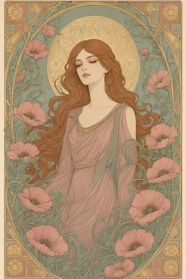 Art nouveau illustration of a woman with long flowing copper hair surrounded by poppies and swirling vines, framed by an ornate arched border with geometric corner motifs. Flat muted colours of sage, 