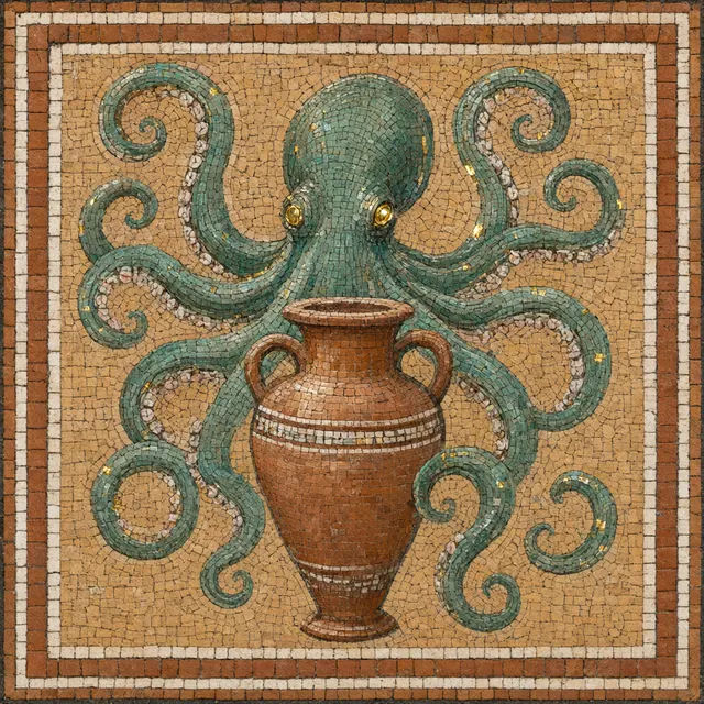 Mosaic artwork of an octopus curling its arms around an ancient amphora, made from small tiles of glass and stone in the style of a Roman floor mosaic. Visible grout lines, slightly irregular tiles, e
