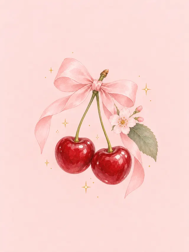 A cute aesthetic vertical phone wallpaper featuring two glossy deep-red cherries with delicate highlights, attached to slender green stems and decorated with a large soft pink ribbon bow. A muted sage