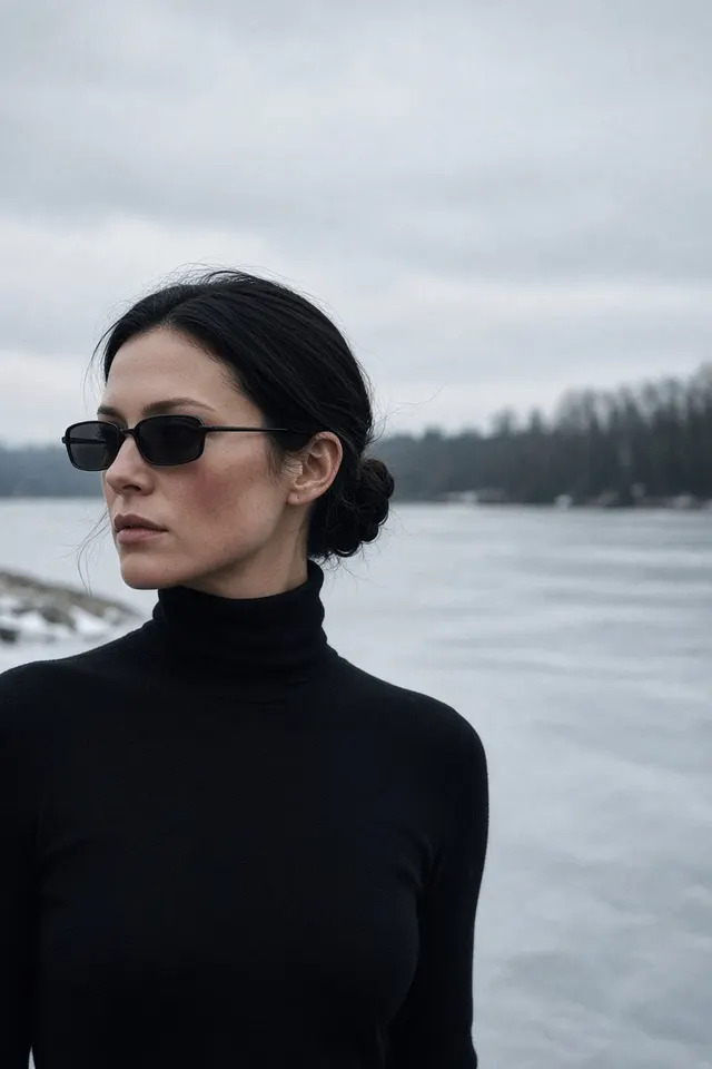 Editorial fashion photograph of a woman with dark hair in a low bun, black turtleneck and small rectangular sunglasses, turning her head sharply to the left, standing at the edge of a frozen lake in w