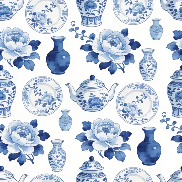 Seamless repeating pattern of blue-and-white porcelain: teapots, ginger jars, small vases and plates with peony and vine motifs, overlapping loosely with large painted peonies in between. Hand-painted
