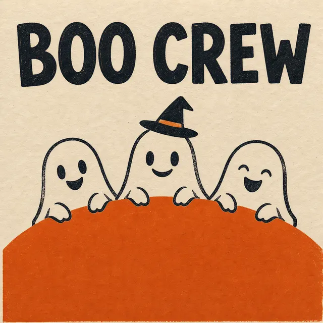 Small square poster for a children's Halloween party. Main image: three cute round ghosts made of white cloth peeking out from behind a burnt-orange hill, one wearing a tiny black witch hat. Header: "