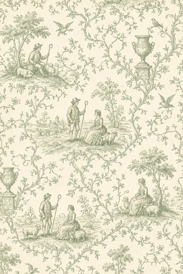 Vintage Toile de Jouy illustration with sage green color