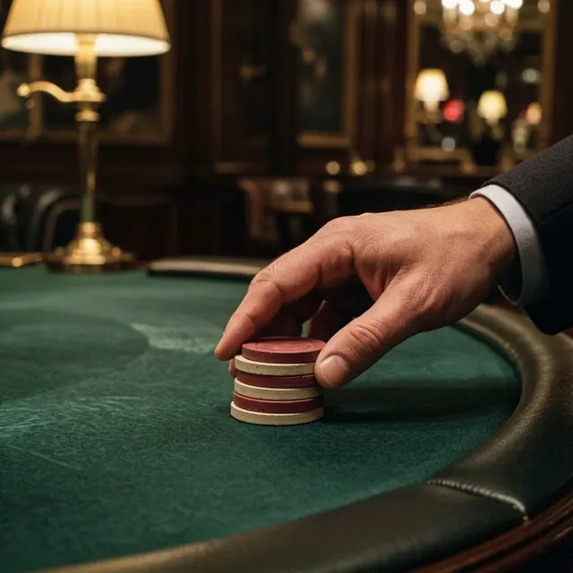 Close-up photograph of a hand pushing a small stack of clay casino chips across green felt of a card table, shallow depth of field, warm tungsten light from a low lamp, soft background of an elegant c