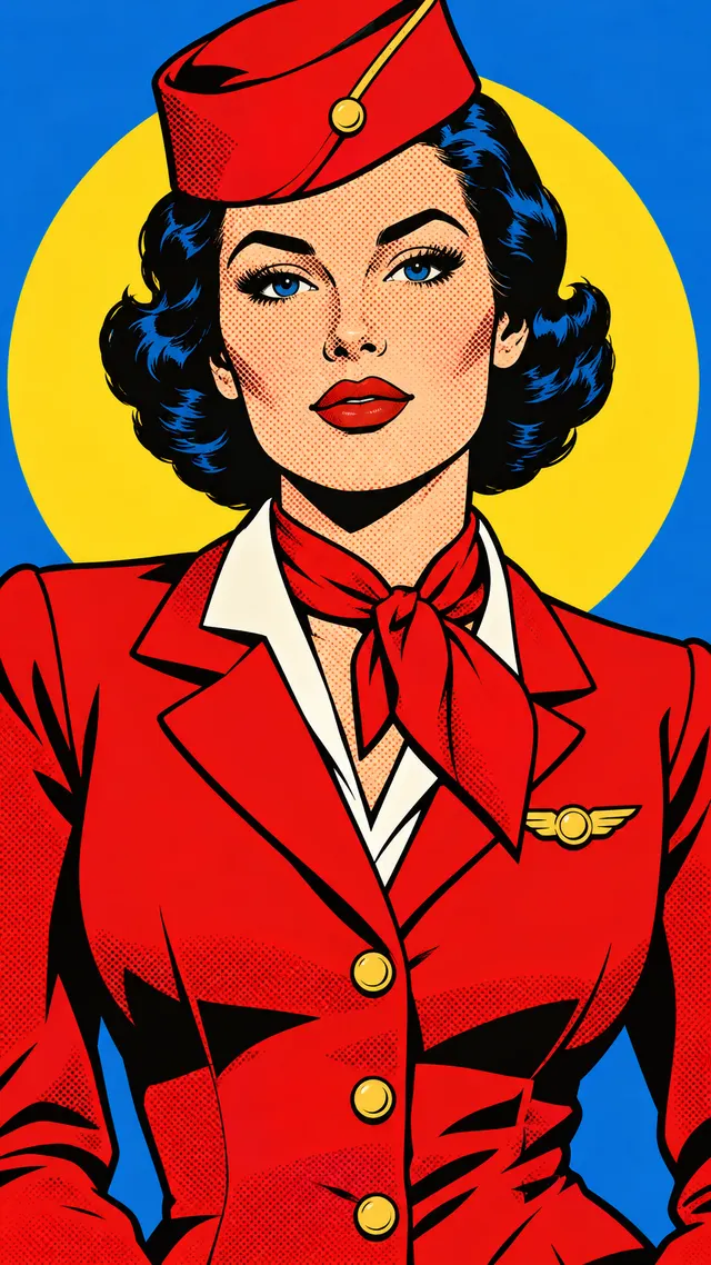 popart woman in red uniform painted with structure face with hut red