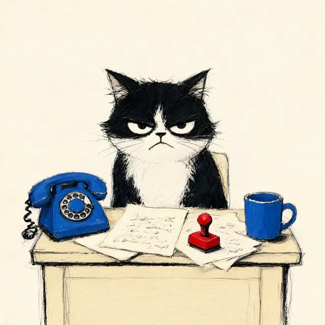 Children's-book illustration in thick matte gouache on warm cream paper: a grumpy black-and-white cat sitting behind a small wooden office desk, glaring at the viewer, surrounded by scattered papers, 