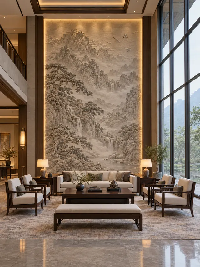 this spacious indoor room is centered around an intricate stone relief depicting a misty mountain range with pines, waterfalls, and birds. soft warm lighting accents the perimeter of the panel. the se