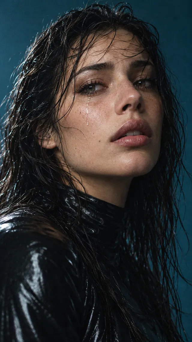 Editorial high-fashion close-up portrait, vertical 9:16 frame. A young woman in her mid-twenties with wet, wind-swept dark hair clinging to her cheeks and forehead, wearing a glossy black high-neck to