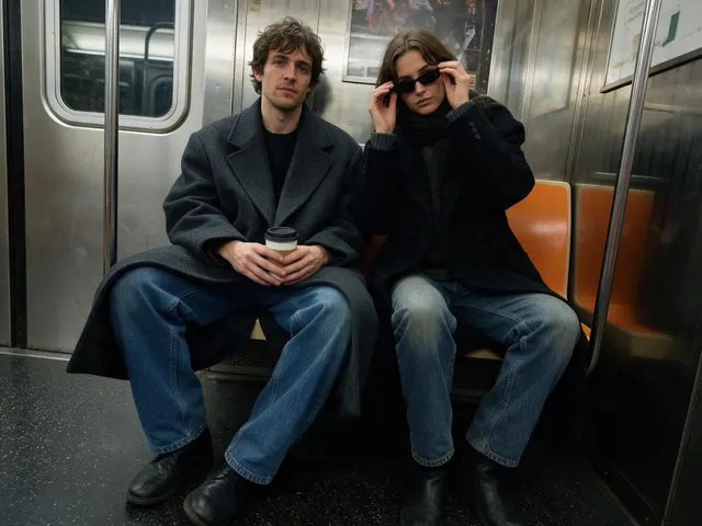 A candid everyday photograph of two white friends in their late twenties, one man and one woman, sitting side by side on an orange bench inside a worn New York subway car. The man wears an oversized c