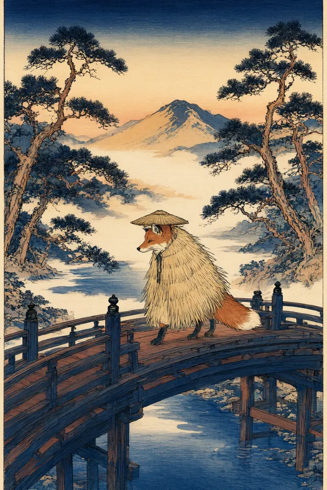 Japanese ukiyo-e woodblock print of a lone fox in a straw raincoat crossing an arched wooden bridge over a misty river at dusk, tall pines and a distant mountain behind. Flat areas of indigo, rust and