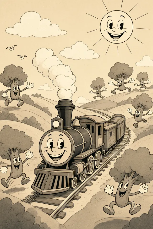 Vintage 1930s cartoon style illustration of a cheerful steam train with a face puffing through rolling hills, a smiling sun and bouncing trees. Rubber-hose animation look, black-and-white with soft se